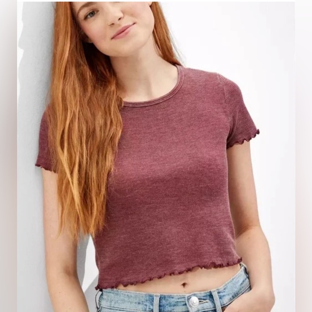 American Eagle Maroon Waffle Knit T-Shirt